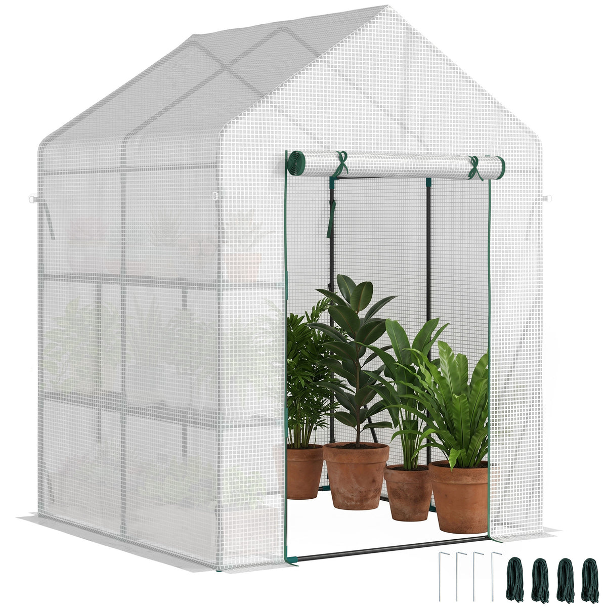 Serre de jardin PE avec étagères 2 niveaux, serre de balcon, bâche renforcée 140 g/m², châssis en acier, porte zippée enroulable, pour légumes plantes fleurs, 143x143x195cm, blanc