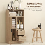 Meuble de salle de bain, meuble de rangement étroit avec 2 tiroirs, compartiments ouverts, 50x25x100cm, bois naturel