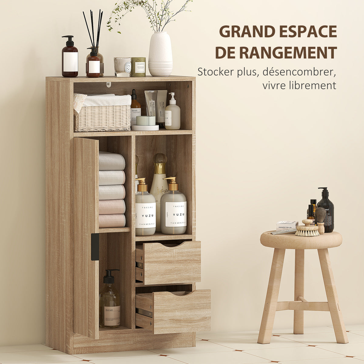 Meuble de salle de bain, meuble de rangement étroit avec 2 tiroirs, compartiments ouverts, 50x25x100cm, bois naturel
