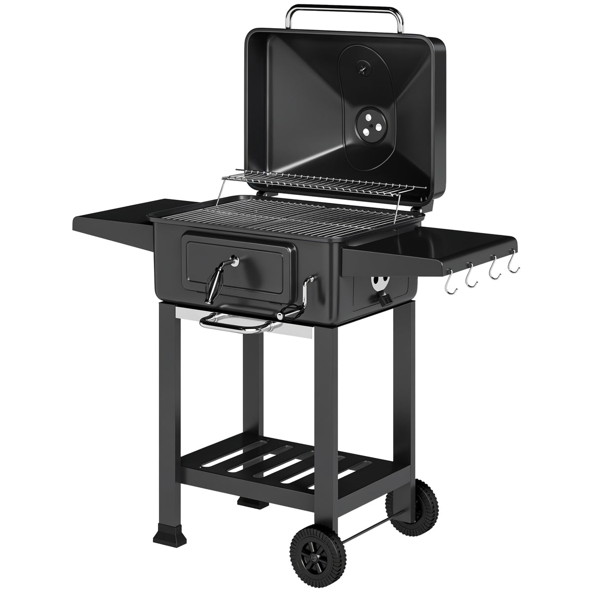Barbecue Charbon de Bois Chariot Grill de Jardin avec Couvercle XXL Bac à Charbon et Évents Réglables 112cm Noir