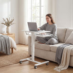 Bureau Assis-Debout Réglable en Hauteur, Bureau Mobile avec Plateau pour Clavier, Roulettes et Cadre en Acier, Blanc
