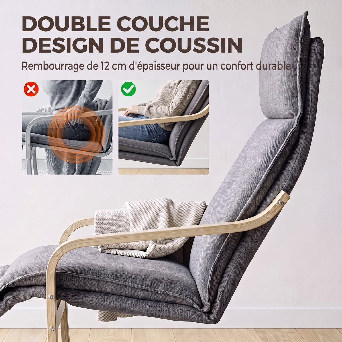 Fauteuil Salon, Fauteuil d'Appoint Rembourré en Lin avec Repose-Pieds, Assise Large, Bascule Douce, Dossier Haut, Gris