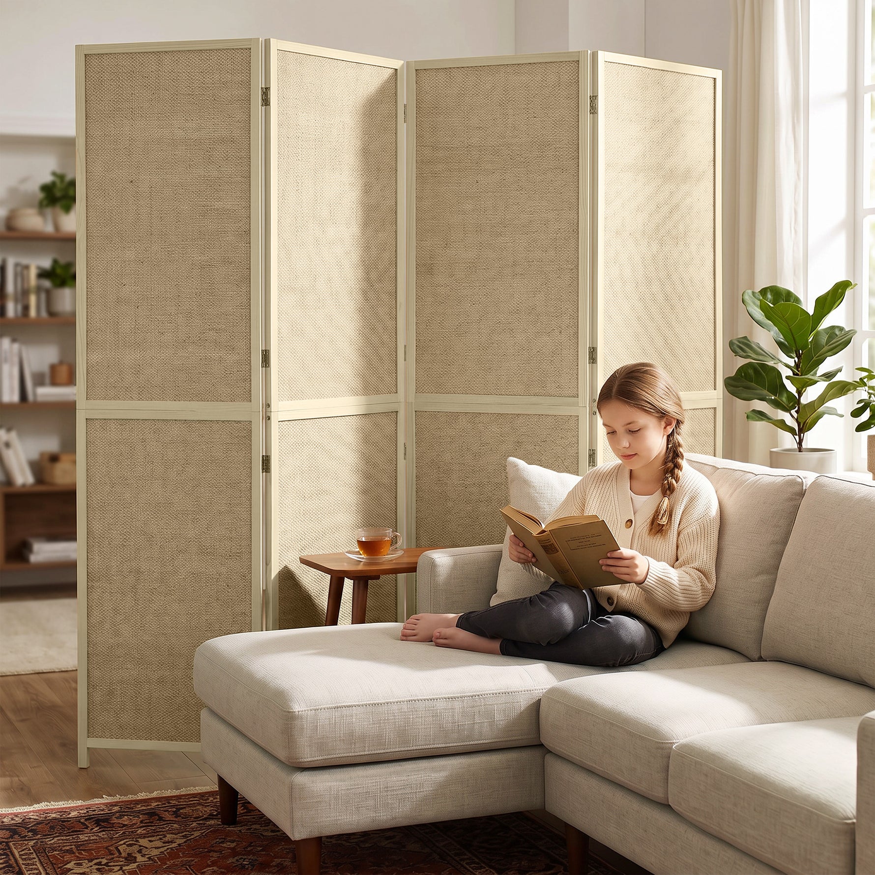 Paravent Interieur en Bambou 4 Panneaux 180x180cm, Séparateur de Pièce Pliable et Portable, Style Bohème, Bois Naturel