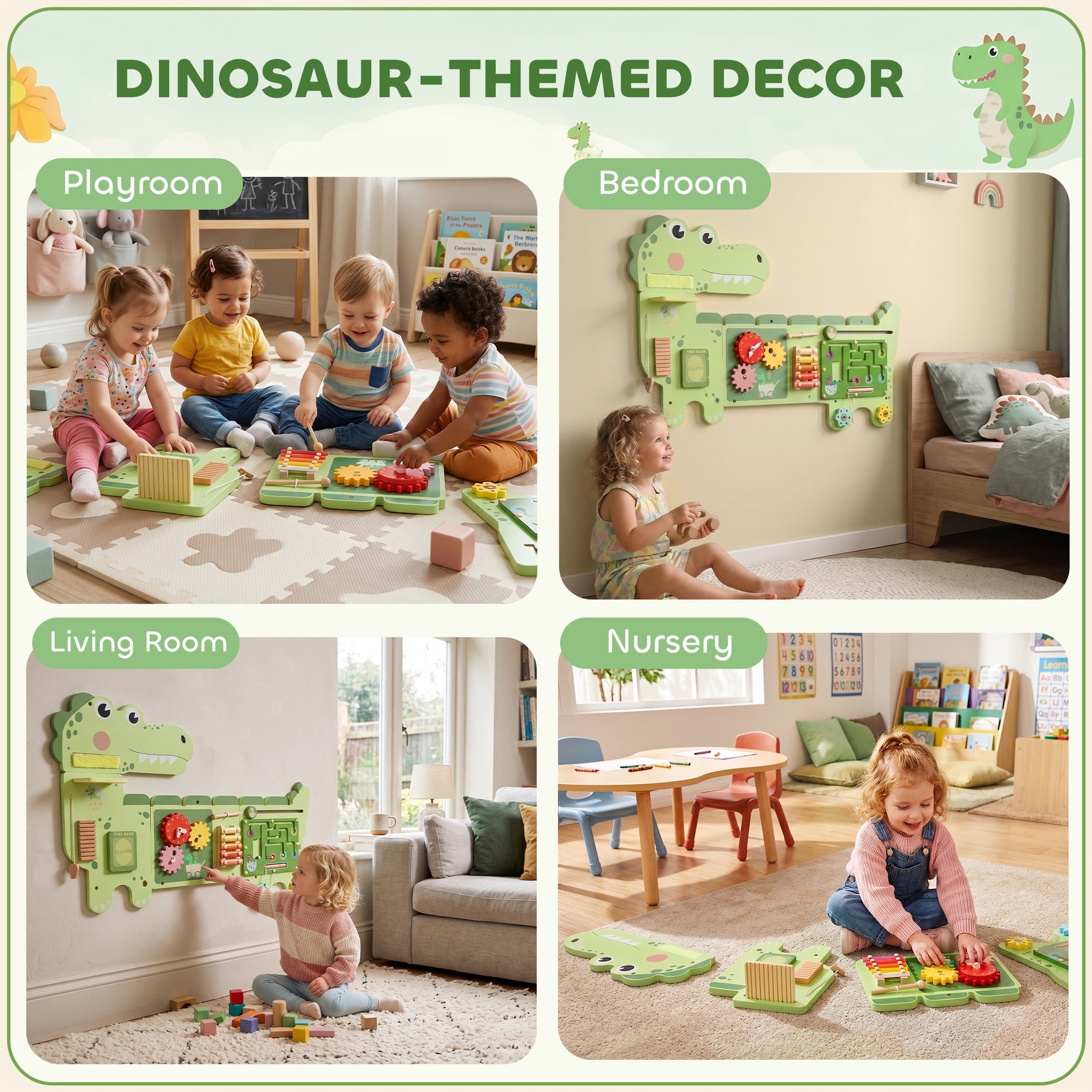 Busy Board Jouet, Tableau d'Activités Murale Dinosaure, Planche Motricité Bébé Educatif pour Garcon Fille 2+ Ans, Vert