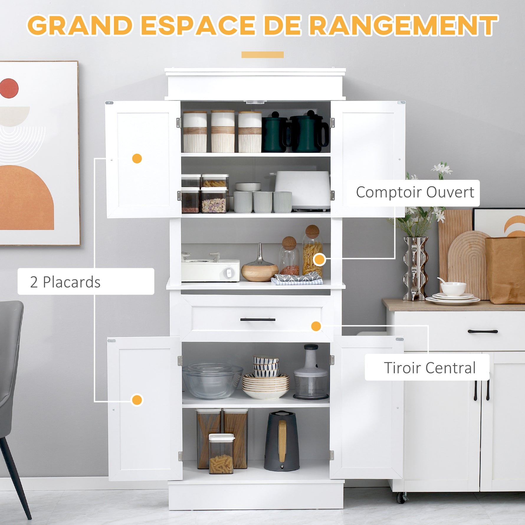 Buffet de cuisine armoire de cuisine multi-rangements 2 placards 2 portes tiroir niche MDF panneaux particules E1 blanc