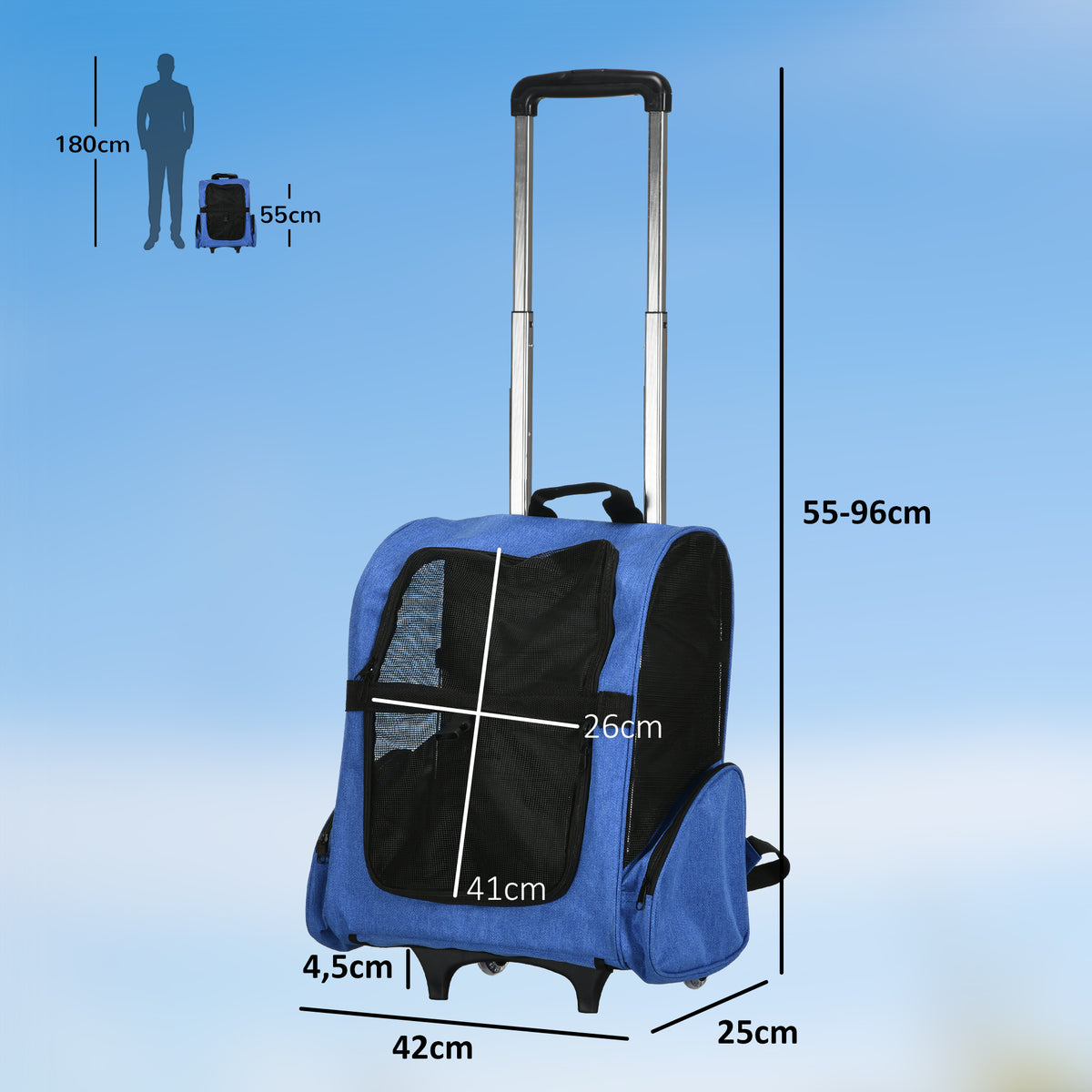 2-in-1-Hundetransporttasche mit Rollen, Trolley, Wagen und Rucksack für Hund und Katze mit Teleskopgriff, Aufbewahrungsfächern, Belüftungsöffnungen und Sicherheitsgurt, 42 x 25 x 55 cm, blau