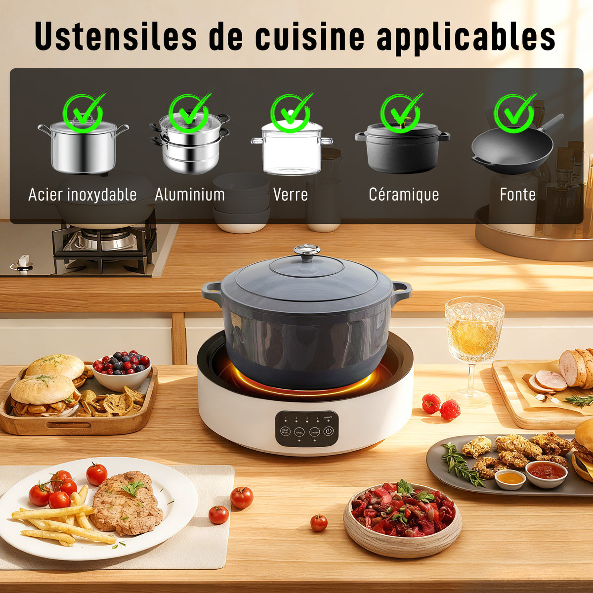 Plaque de cuisson et de barbecue 2 en 1 céramique, 2000 W, 4 niveaux puissance, chauffage infrarouge, blanc