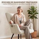 Fauteuil de Salon avec Repose-Pied, Fauteuil d'Appoint Capitonné en Peluche Teddy, Dossier Haut, Poches Latérales, Beige