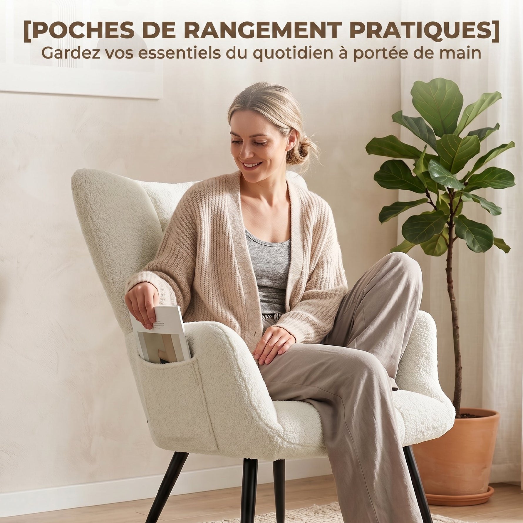 Fauteuil de Salon avec Repose-Pied, Fauteuil d'Appoint Capitonné en Peluche Teddy, Dossier Haut, Poches Latérales, Beige