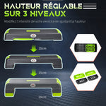 Stepper aérobic fitness hauteur réglable 3 niveaux surface antidérapante 78 x 28 x 20 cm vert et gris