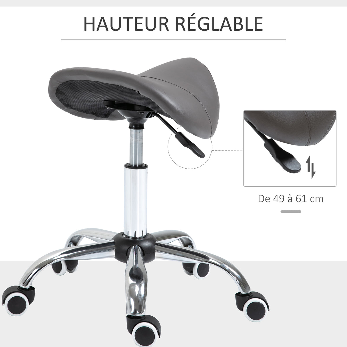 Kruk op wielen, massagekruk met in hoogte verstelbare zitting 49-61 cm en ergonomisch zadel, 360° draaibare werkstoel op wielen, voor massagesalon, tattoostudio, kliniek en spa, grijs
