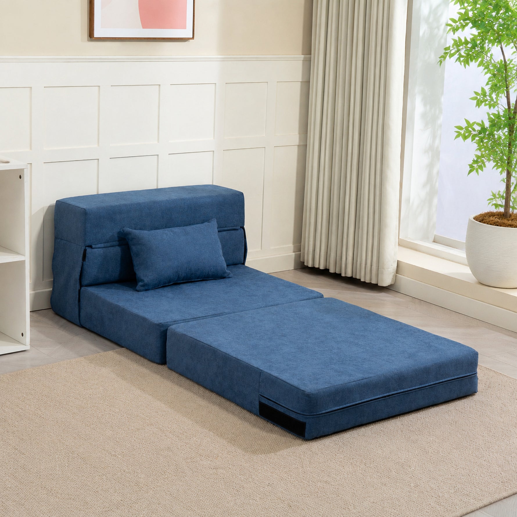 Fauteuil convertible 1 place fauteuil lit pliant, coussin inclus, pour invités, salon, petit espace, charge 120 kg, bleu