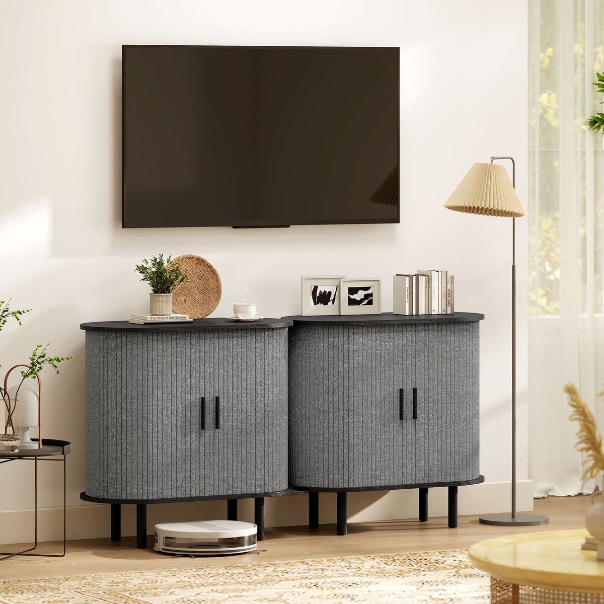 Dressoir voor de woonkamer, ovaal opbergmeubel met 2 schuifdeuren en 2 compartimenten, 80 x 40 x 78 cm, grijs