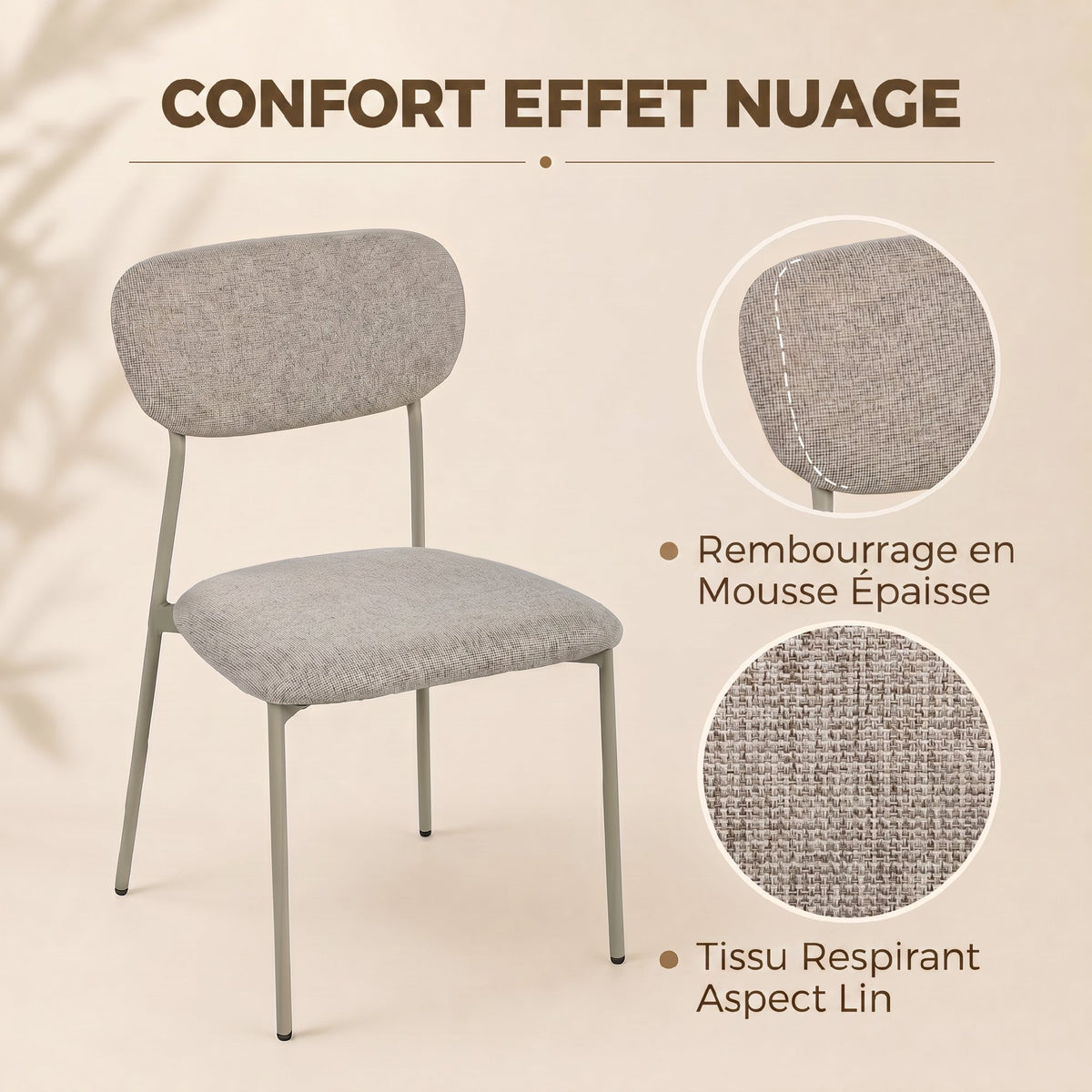 Lot de 2 chaises de salle à manger modernes, chaises de cuisine empilables en tissu effet lin, marron clair
