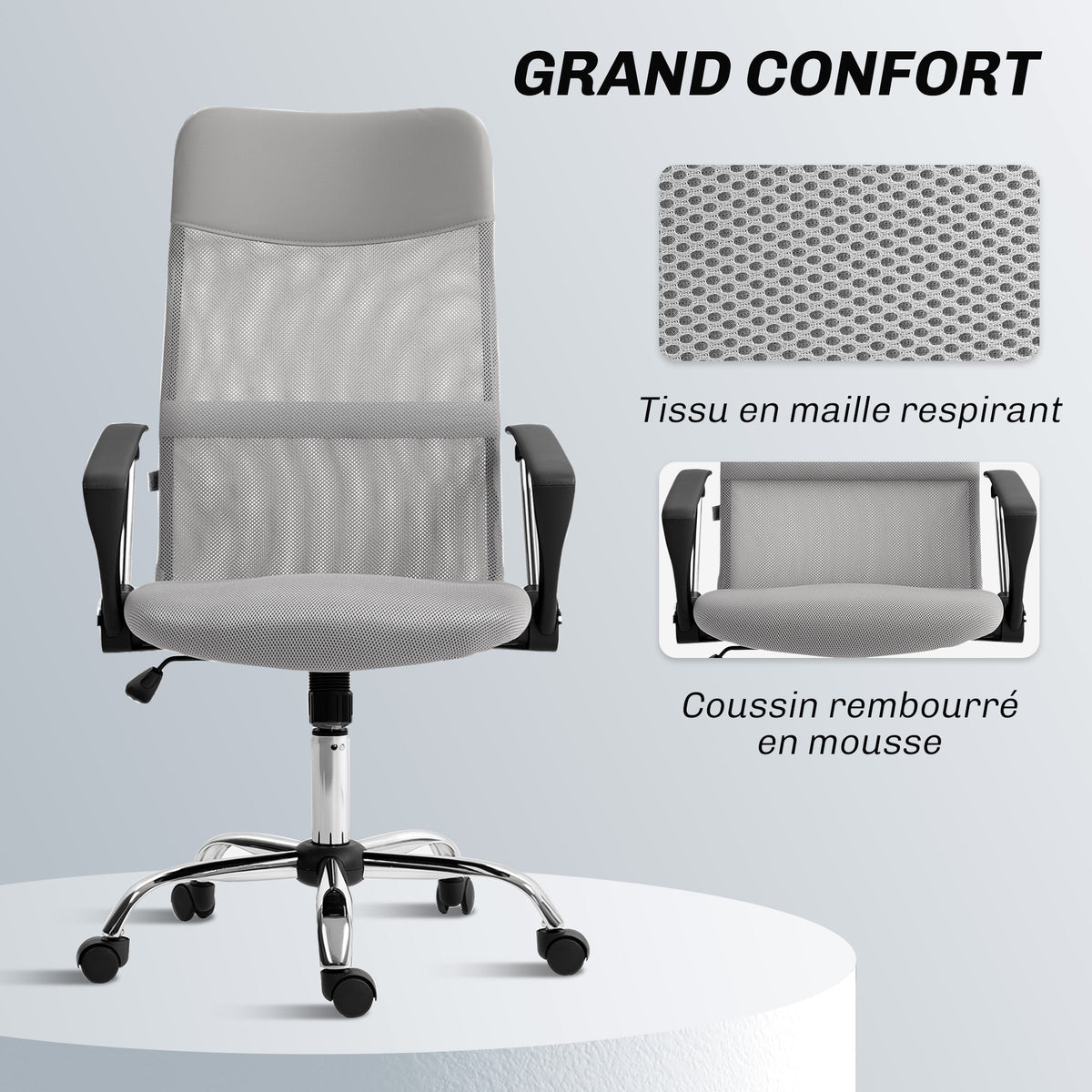 Fauteuil de bureau manager dossier ergonomique hauteur assise réglable pivotant tissu maille 63x65x119109-119cm gris