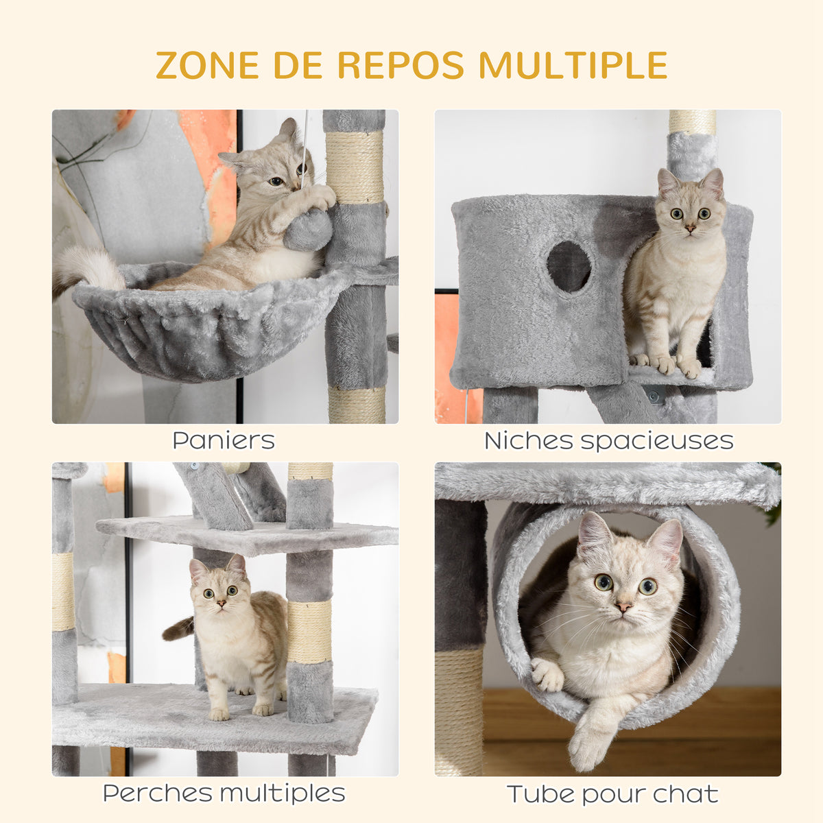 Floor-to-ceiling cat tree, height-adjustable cat tower from 240-260 cm with multiple levels, light gray