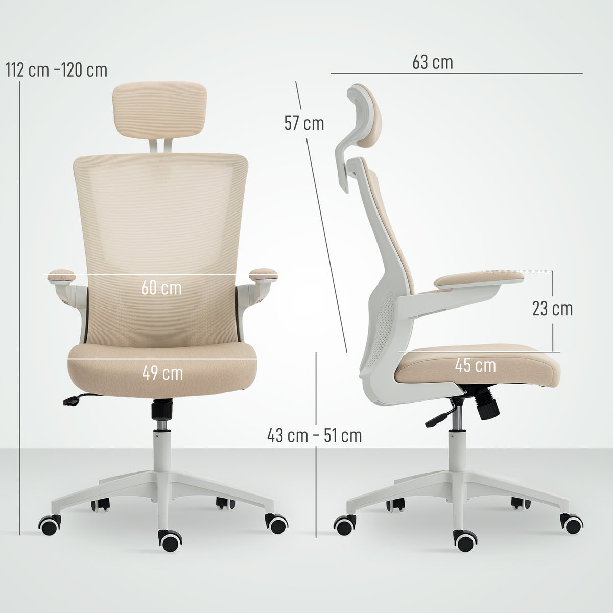 Chaise bureau ergonomique, fauteuil de bureau, accoudoirs relevables, soutien lombaire, appui-tête, 60x63x120cm, beige