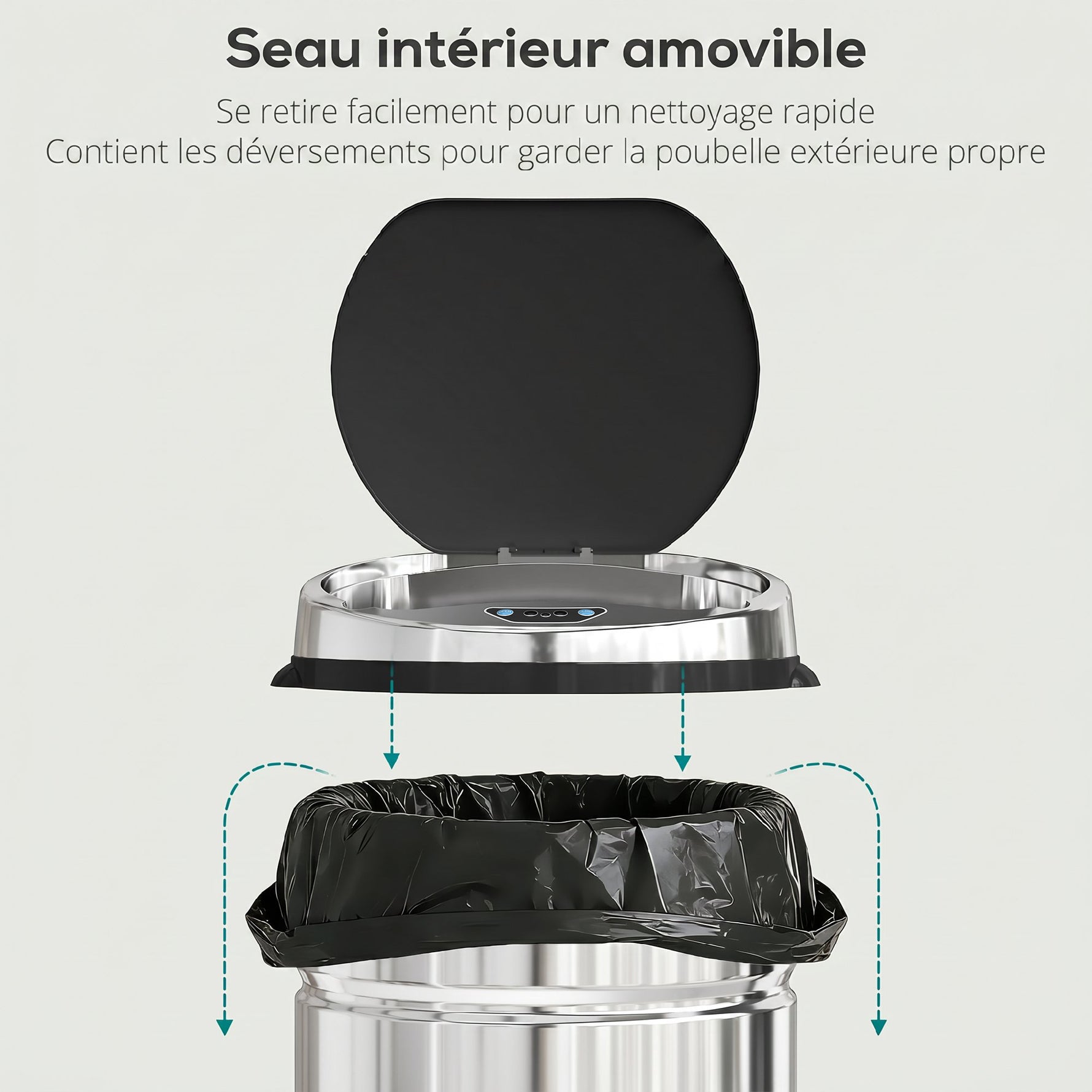 Poubelle à capteur de mouvement ouverture automatique 1 bac de 42 L en acier inoxydable noir et argent