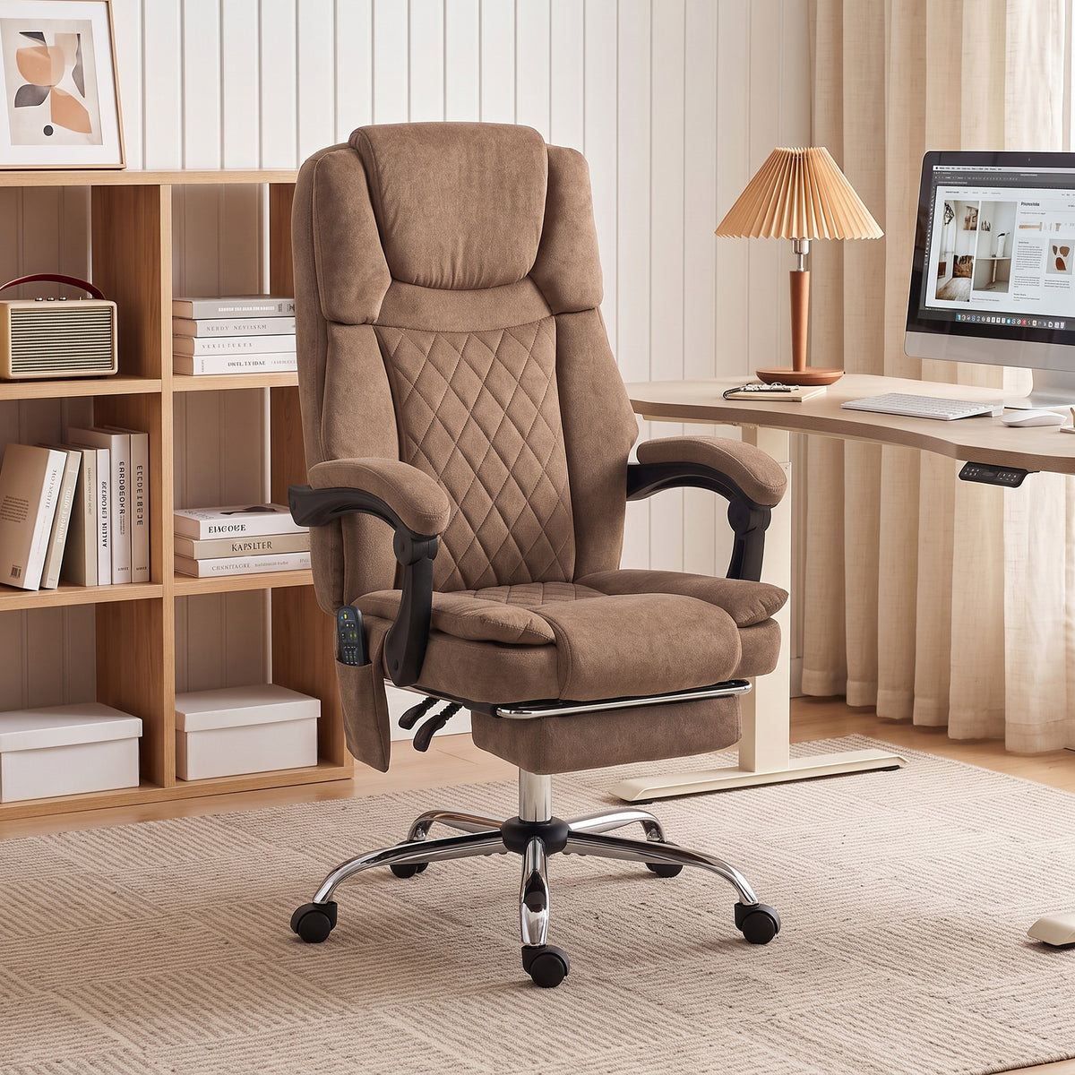 Vibrating and Heated Massage Office Chair, Ergonomic Printed Velvet Desk Chair, Reclining Backrest, Brown