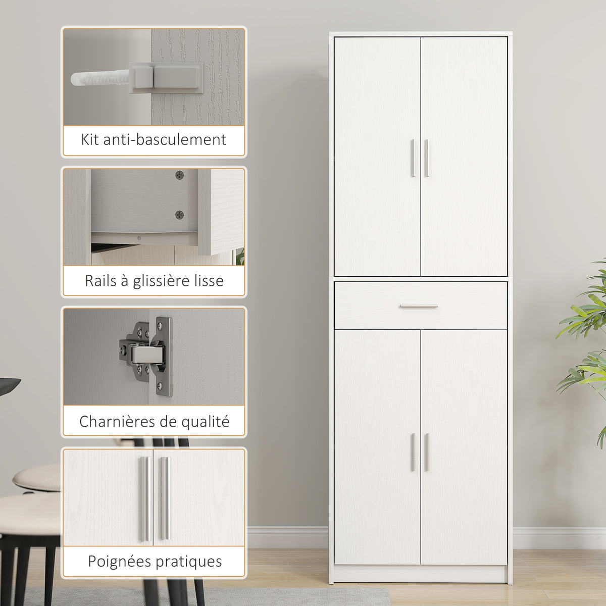 Armoire de cuisine moderne avec placards à portes, étagères réglables et tiroir, 60 x 35 x 180 cm, blanc