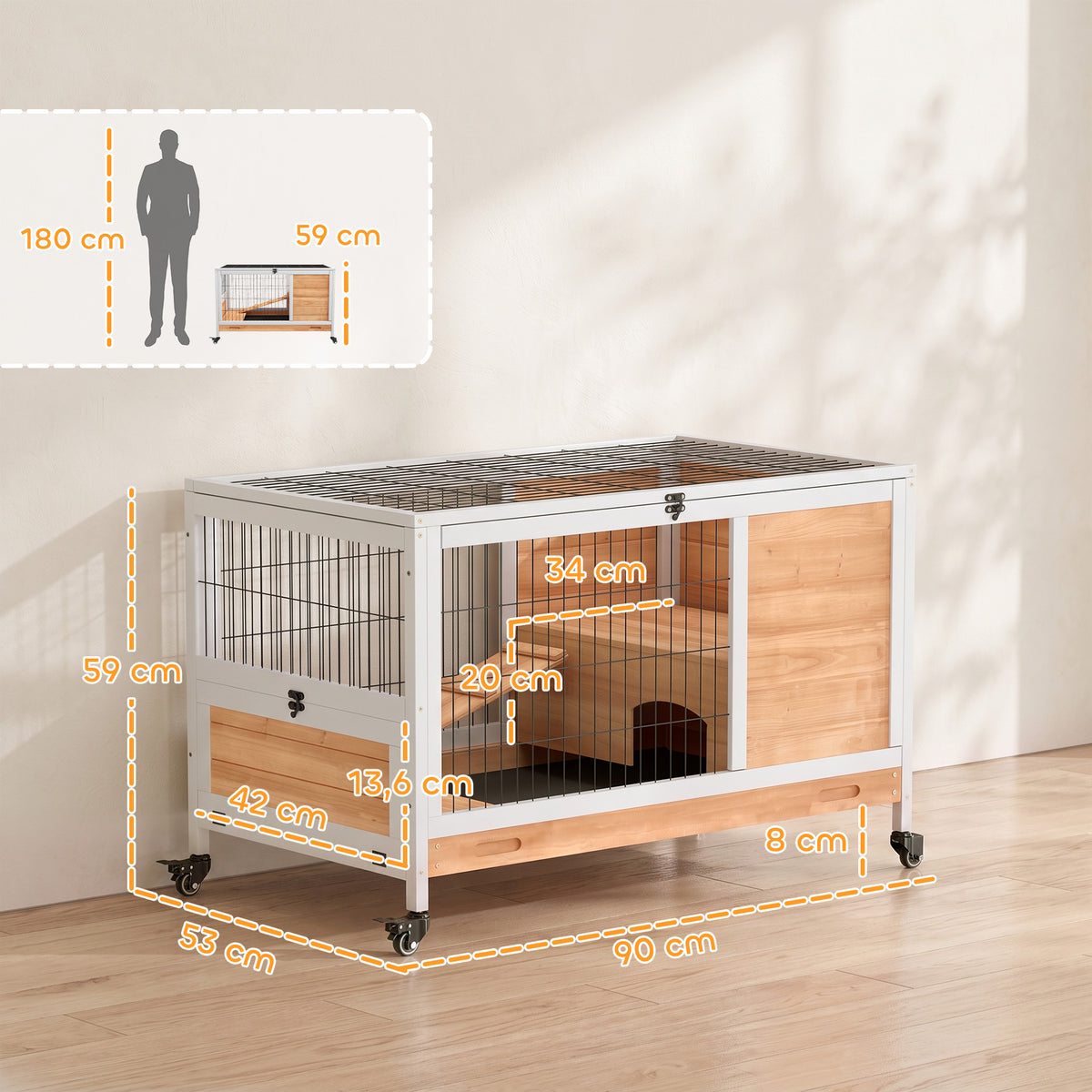 Clapier lapin intérieur clapier pour cochon d'inde en bois avec toit ouvrant et roulettes 90 x 53 x 59 cm jaune et blanc