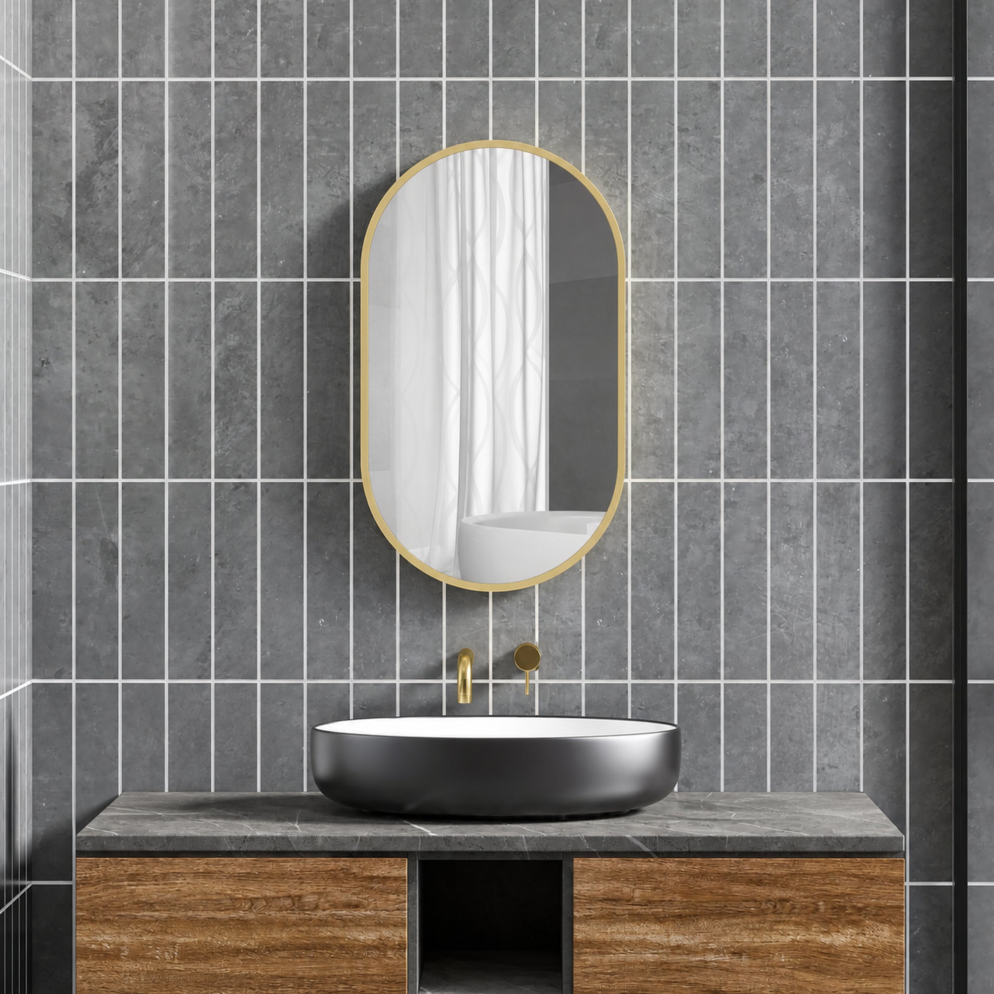 Miroir ovale mural cadre en aluminium style minimaliste montage vertical ou horizontal avec 3 crochets 40 x 70 cm doré