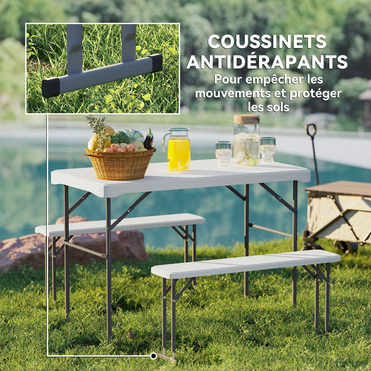 Ensemble table pliante et bancs de pique-nique 113 cm avec poignées de transport, table et banc pliable gris clair blanc