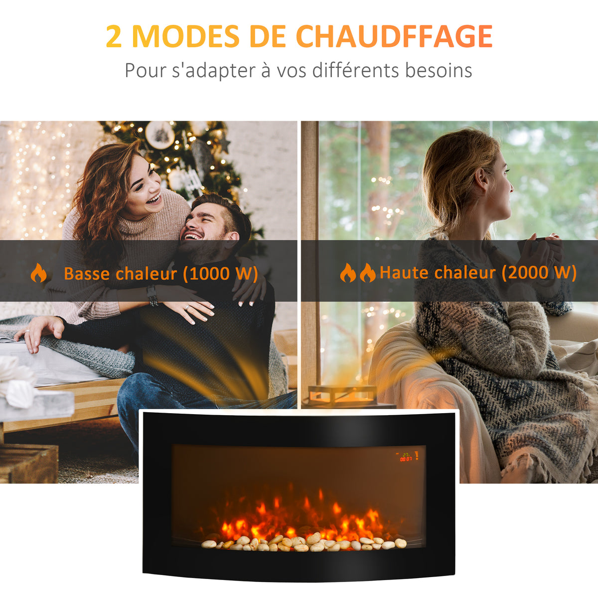Cheminée électrique Murale éclairages latéraux LED Design Avant-gardiste Affichage LED avec télécommande et minuterie 1000/2000 W luminosité réglable Noir-3