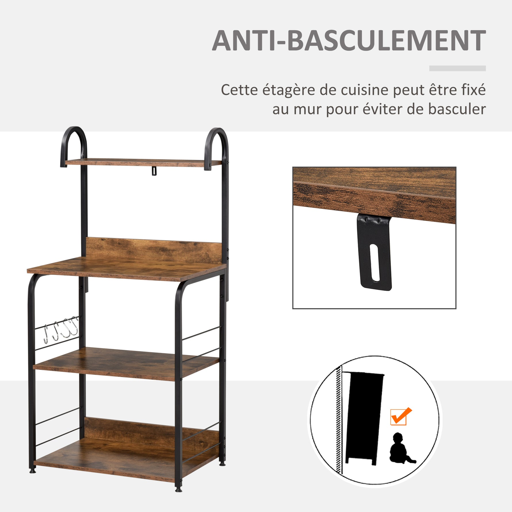 Étagère de cuisine, étagère micro-onde 3 étagères plateau crochets châssis acier 60 x 40 x 125 cm effet bois d'acajou