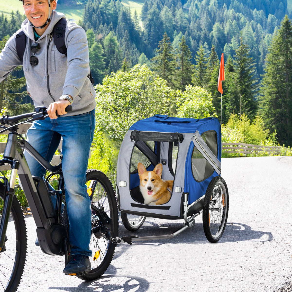 Remorque vélo pour chien animaux 8 réflecteurs drapeau barre attelage inclus 130 x 73 x 90 cm blanc et bleu