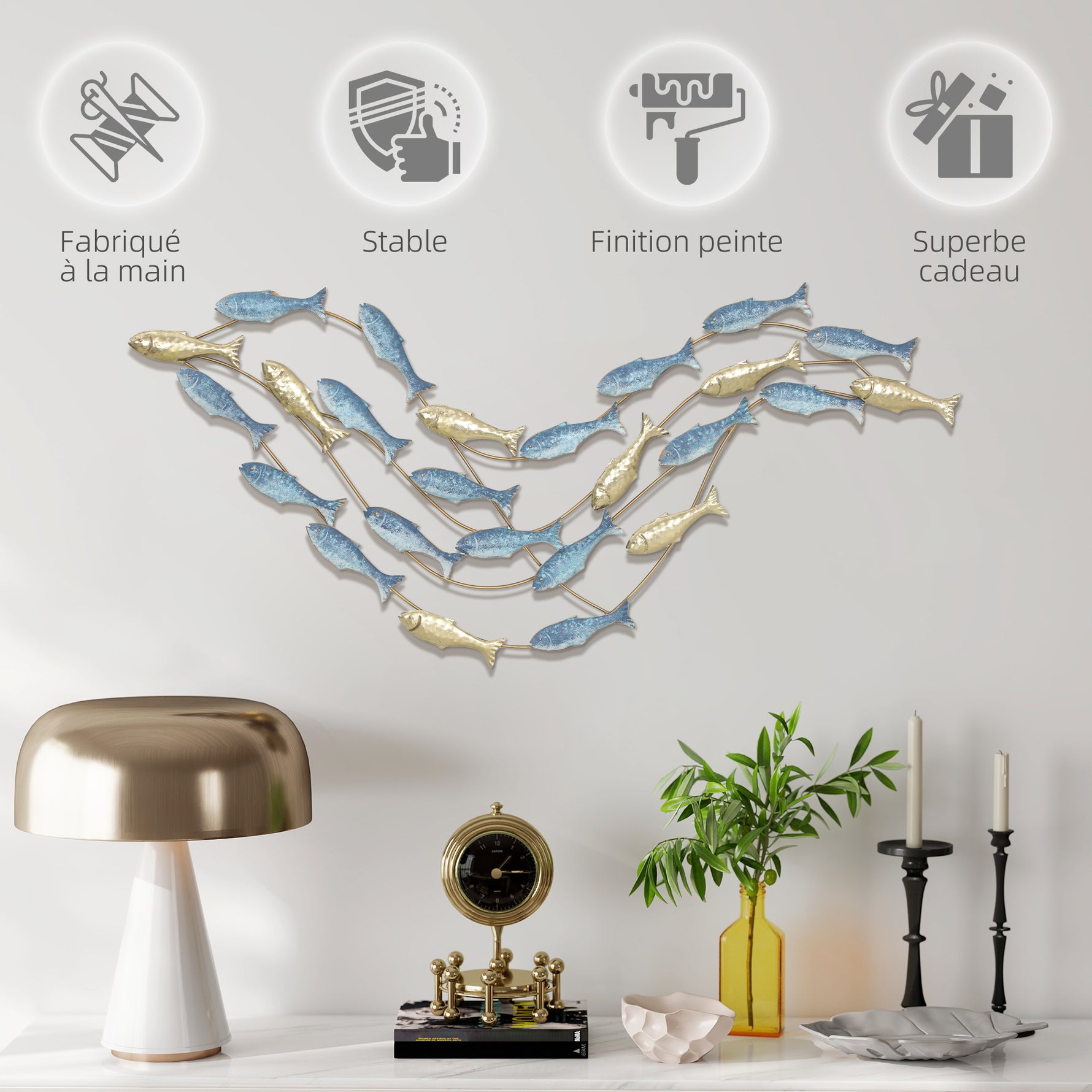 Décoration murale en métal moderne, sculpture murale en métal avec motif de poisson unique, 100 x 50 cm, bleu clair
