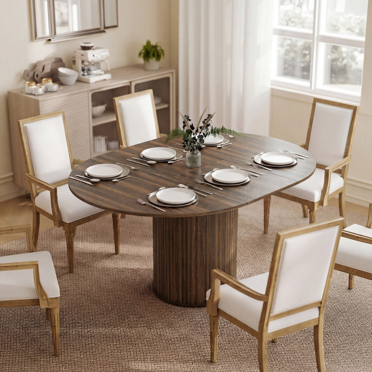 Mesa de Comedor Extensible para 6 a 8 Personas, 110-150 cm, Mesa de Cocina Ovalada con Base Central Redonda, Nogal