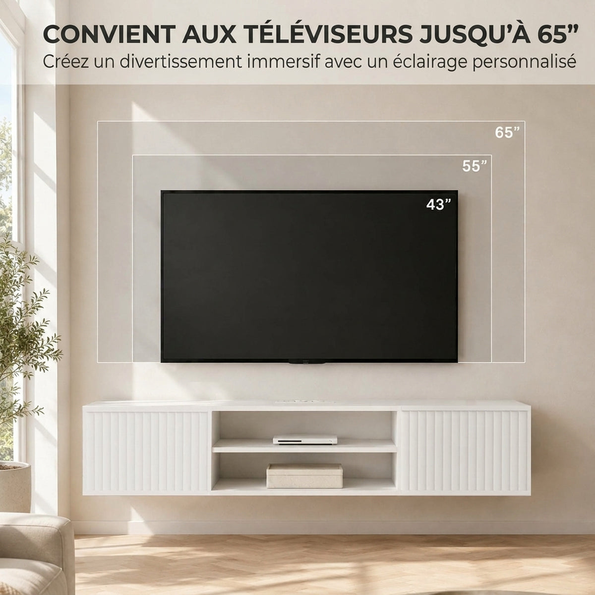 Mobile TV sospeso galleggiante 140cm con illuminazione LED e prese, 2 ante scanalate e ripiano regolabile, bianco