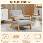 Fauteuil lounge - 3 coussins inclus - assise profonde - accoudoirs - structure bois hévéa - velours givré gris
