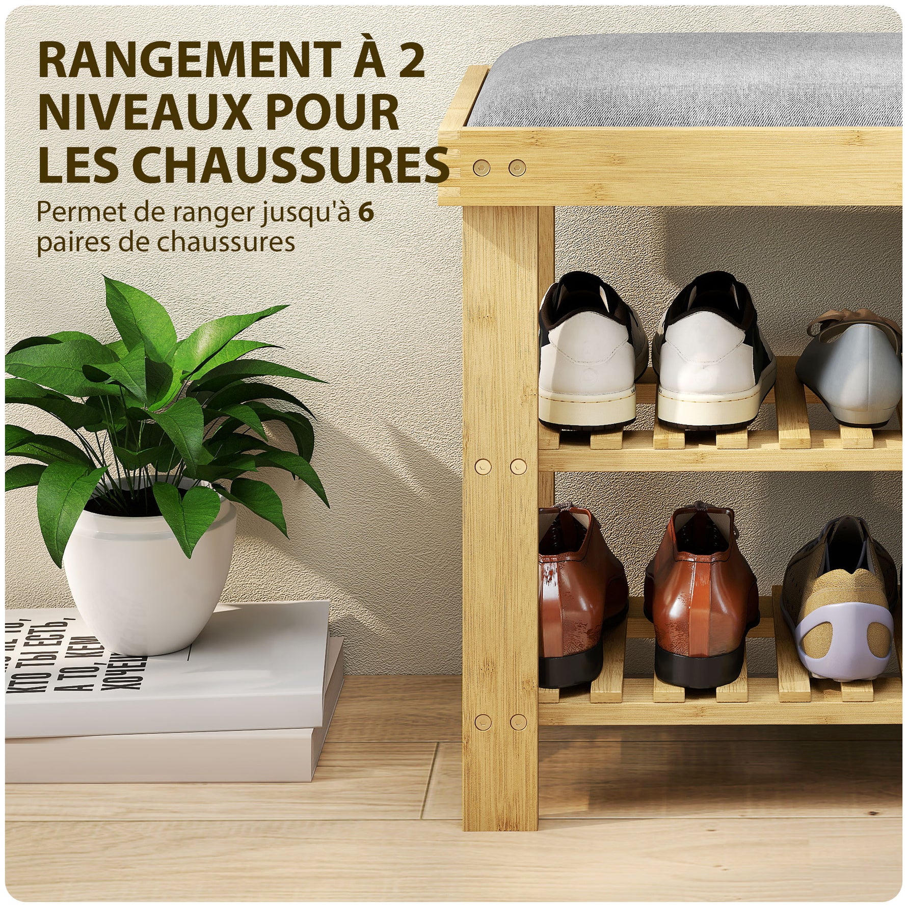 Banc à chaussures en bambou, étagère à chaussures à 3 niveaux, style scandinave, 60 x 29 x 49 cm, gris et bois naturel