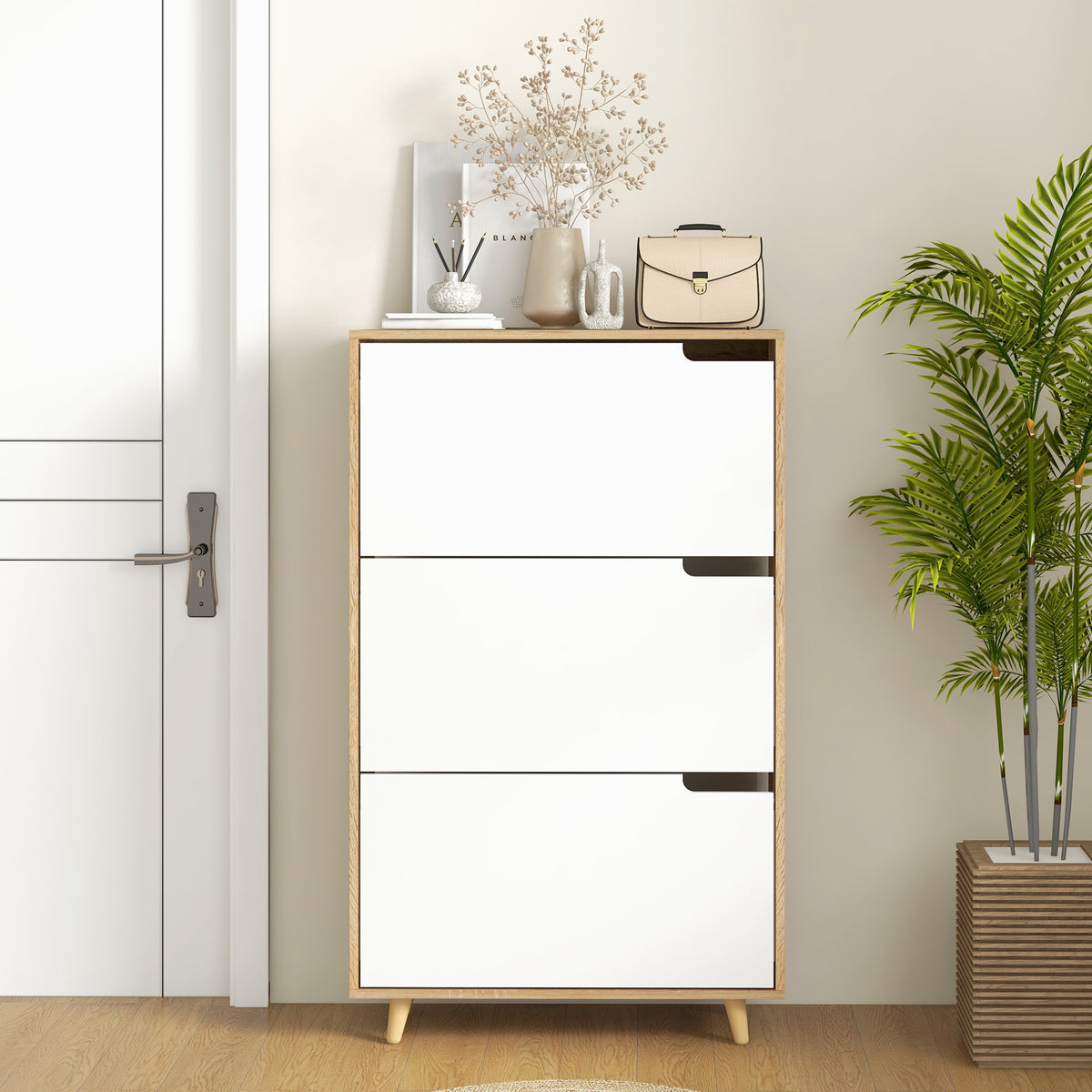 Meuble à chaussures 3 abattants avec étagère réglable, 72L x 24P x 119H cm, naturel et blanc