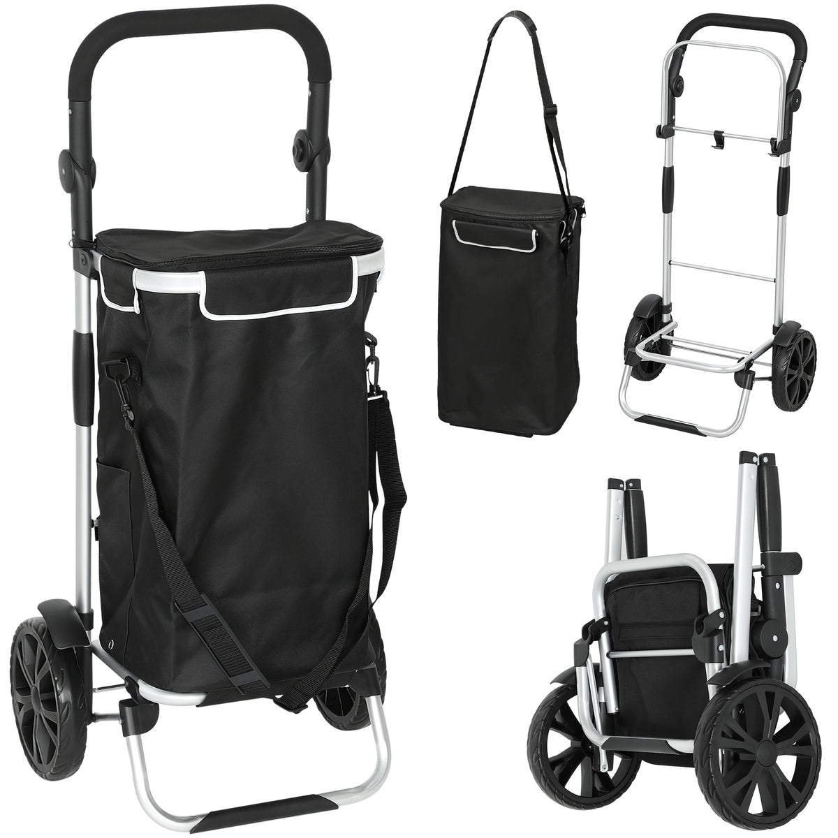 Chariot de courses pliable 40 L caddie de courses portable à roulettes avec poignée télescopique, 45,5x35,5x97cm, noir