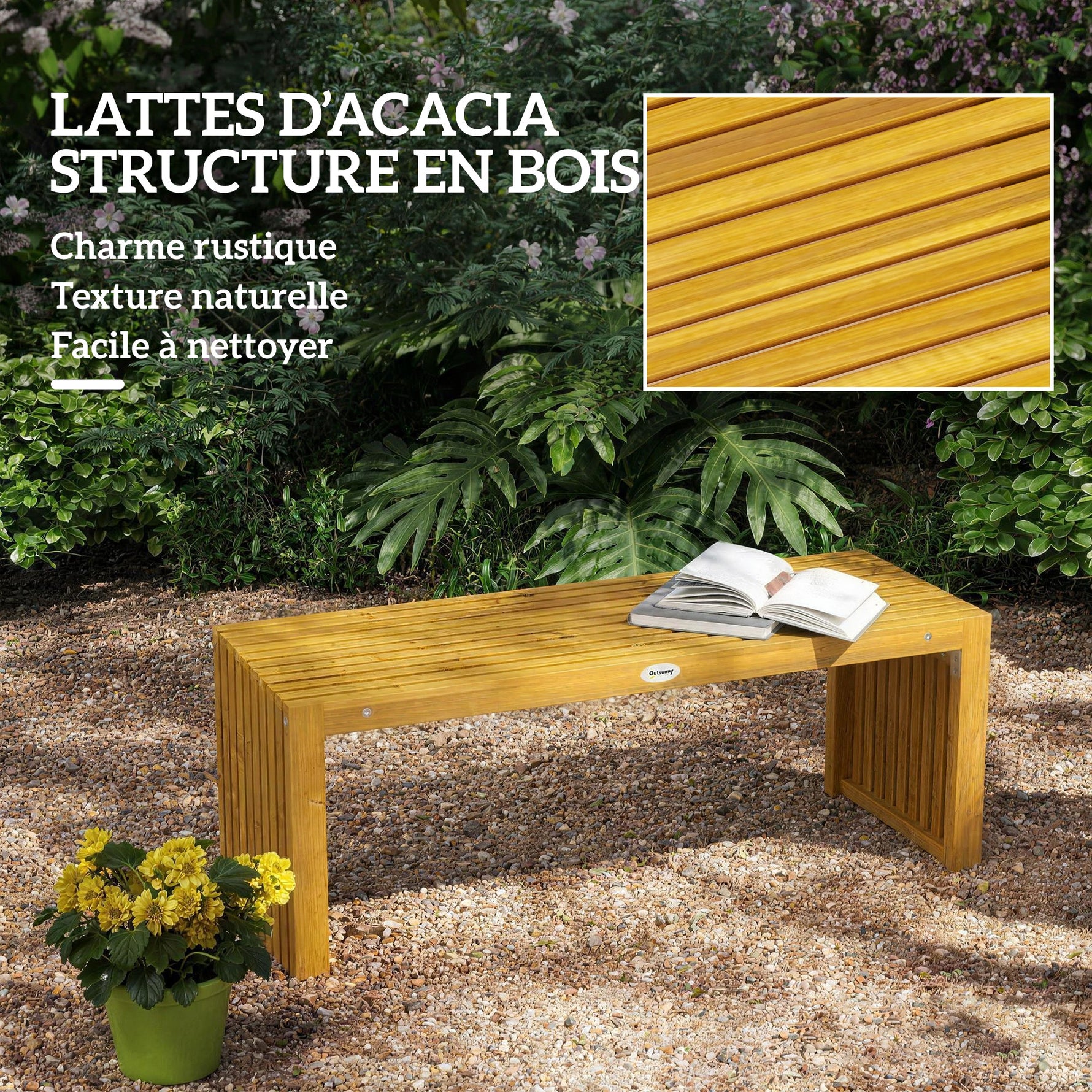 Banc de Jardin en Bois d'Acacia sans Dossier 2 Places, Assise à Lattes Effet Bois, 110x30x45cm, Bois naturel