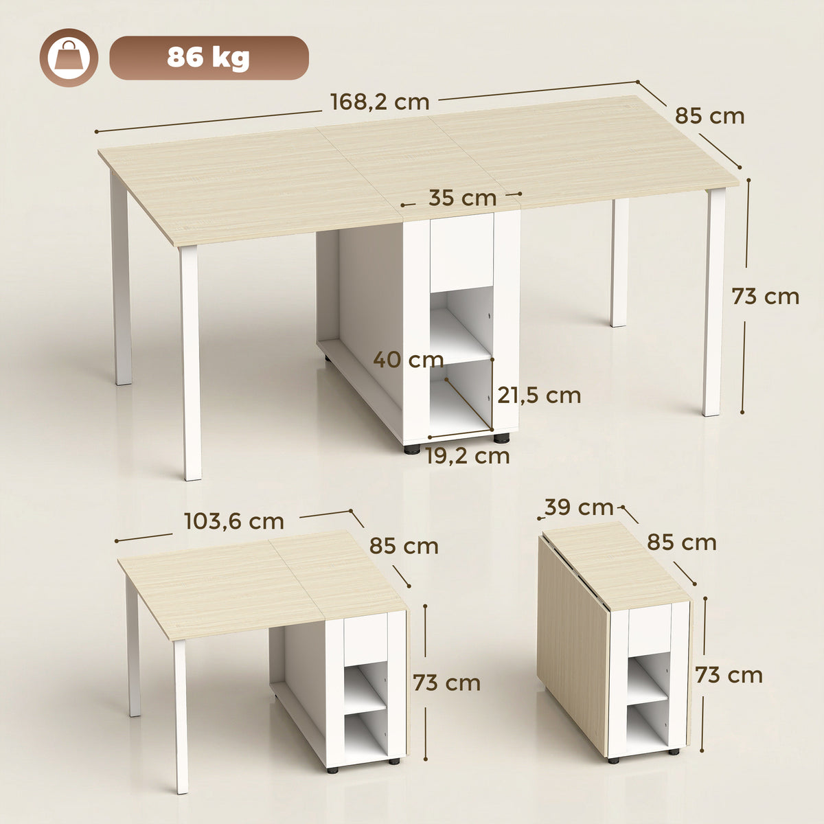 Table à manger pliante pour 6 personnes 39-168 cm, table de cuisine avec 2 tiroirs et 4 étagères ouvertes, blanc