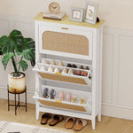 Meuble à chaussures 21 paires bohème avec 3 tiroirs rabattables, portes effet cannage rotin, 80 x 24 x 131 cm, blanc