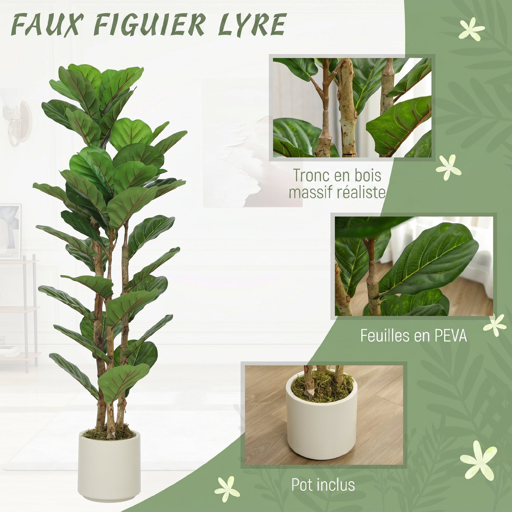 Lot de 2 plantes artificielles 120 cm Figuier lyre arbre artificiel avec pot en plastique et tronc en bois massif, vert