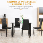 Dining table set with 4 chairs, tempered glass top, steel legs, for kitchen, living room, black