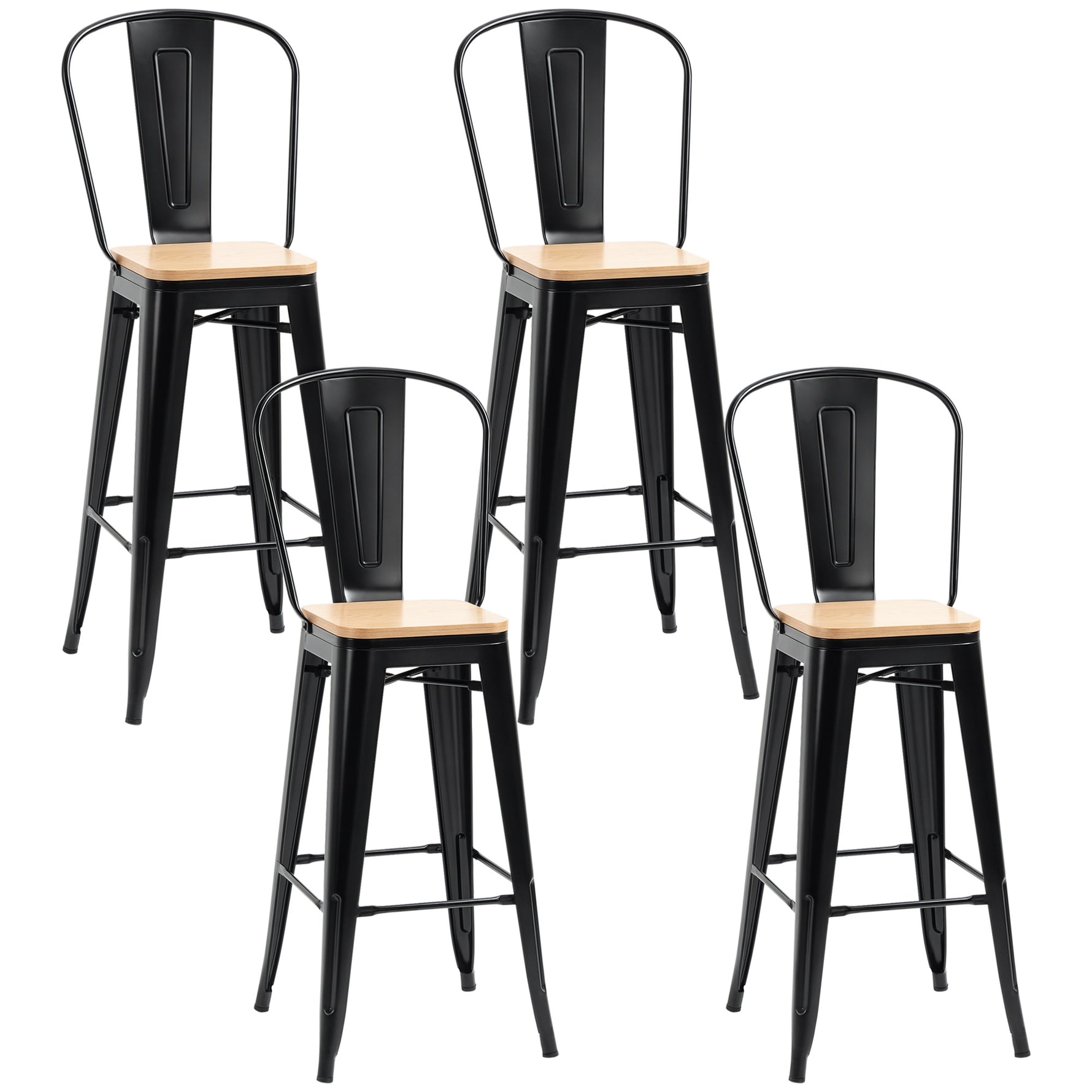 Lot de 4 tabourets de Bar Industriel avec Dossier Repose-Pied Hauteur Assise 76 cm métal noir Panneaux Multicouches Imitation Bois Clair