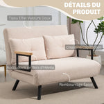 Canapé convertible 2 places 4 en 1, canapé-lit avec dossier réglable sur 5 niveaux, 2 coussins, 102 x 73 x 81 cm, beige