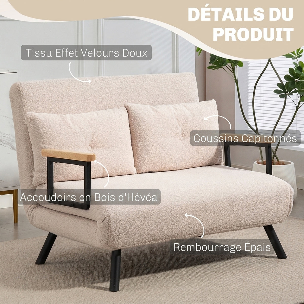 Canapé convertible 2 places 4 en 1, canapé-lit avec dossier réglable sur 5 niveaux, 2 coussins, 102 x 73 x 81 cm, beige