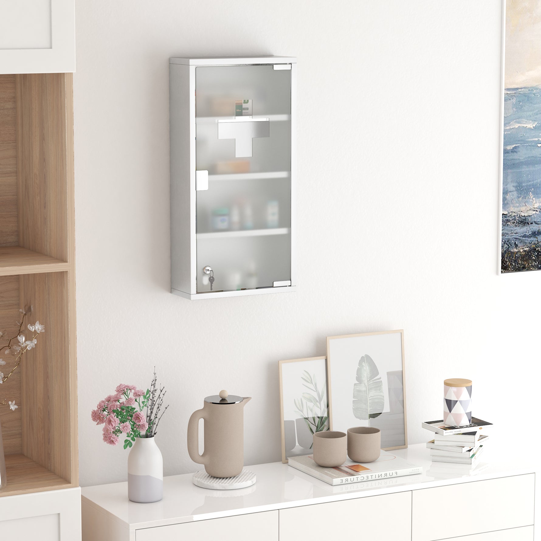 Armoire à Pharmacie 3 étagères 4 Niveaux 30L x 12l x 60H cm Porte Verre trempé Symbole Croix Acier Inoxydable brossé