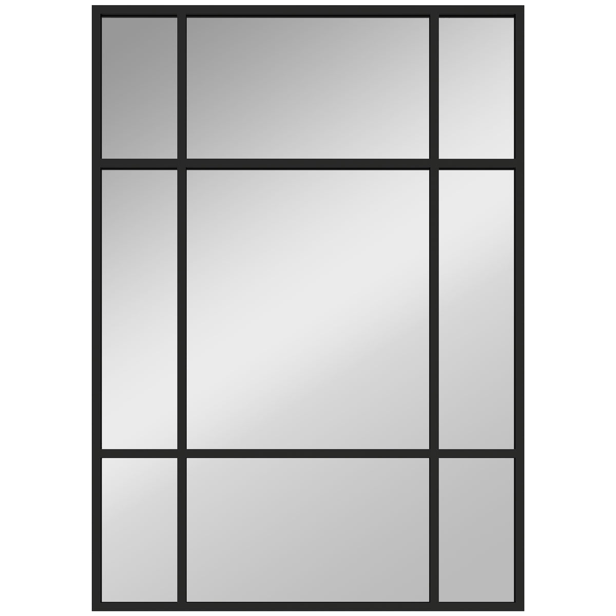 Miroir mural verrière rectangulaire style fenêtre, horizontal ou vertical avec 4 crochets, en métal noir - 50x70 cm