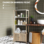 Colonne de salle de bain armoire de rangement en bambou 3 étagères 1 placard 63 x 30 x 138 cm bois naturel et blanc