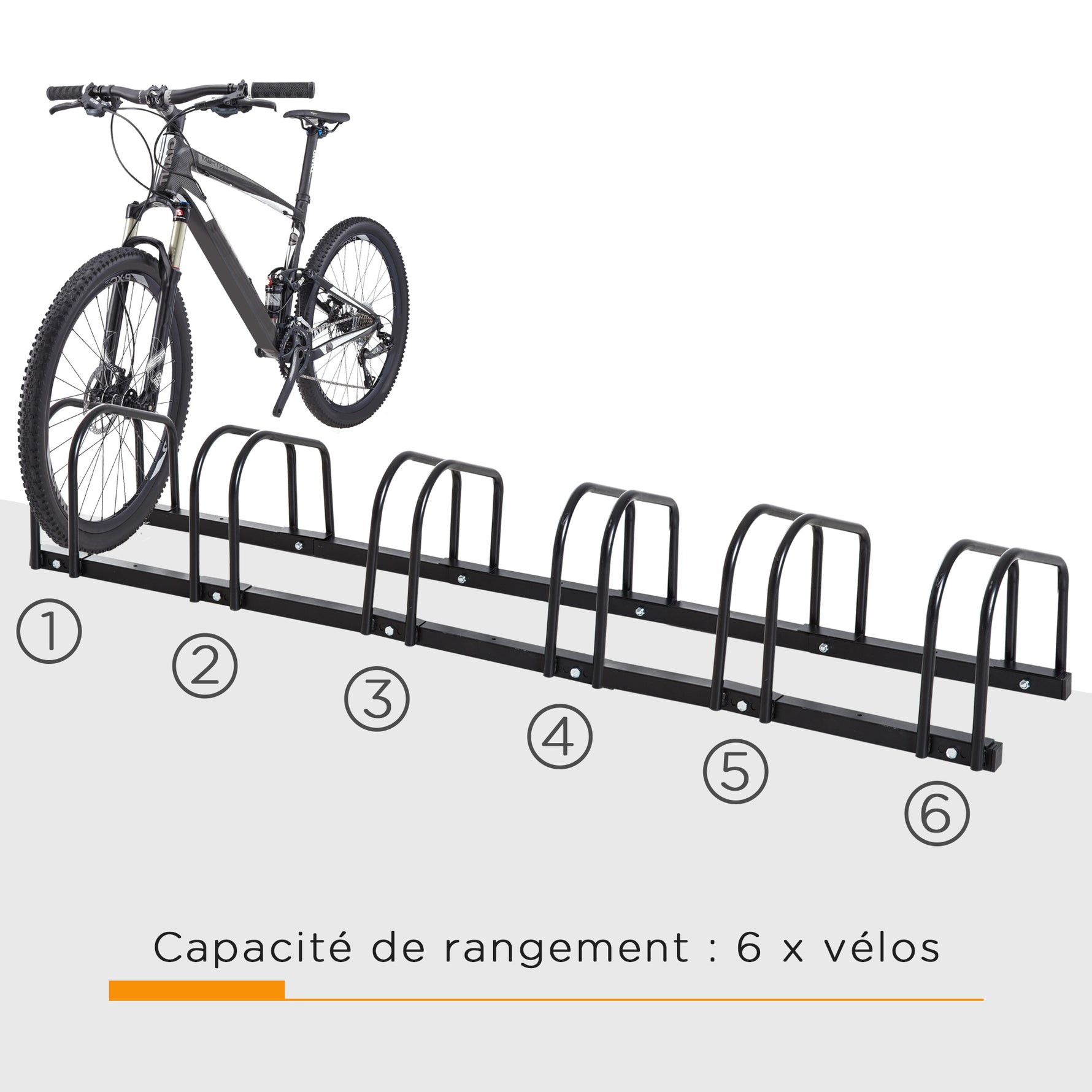 Râtelier 6 vélos range-vélos support de rangement pneu 65 mm sol ou mural pour VTT enfants BMX 179 x 33 x 27 cm acier noir