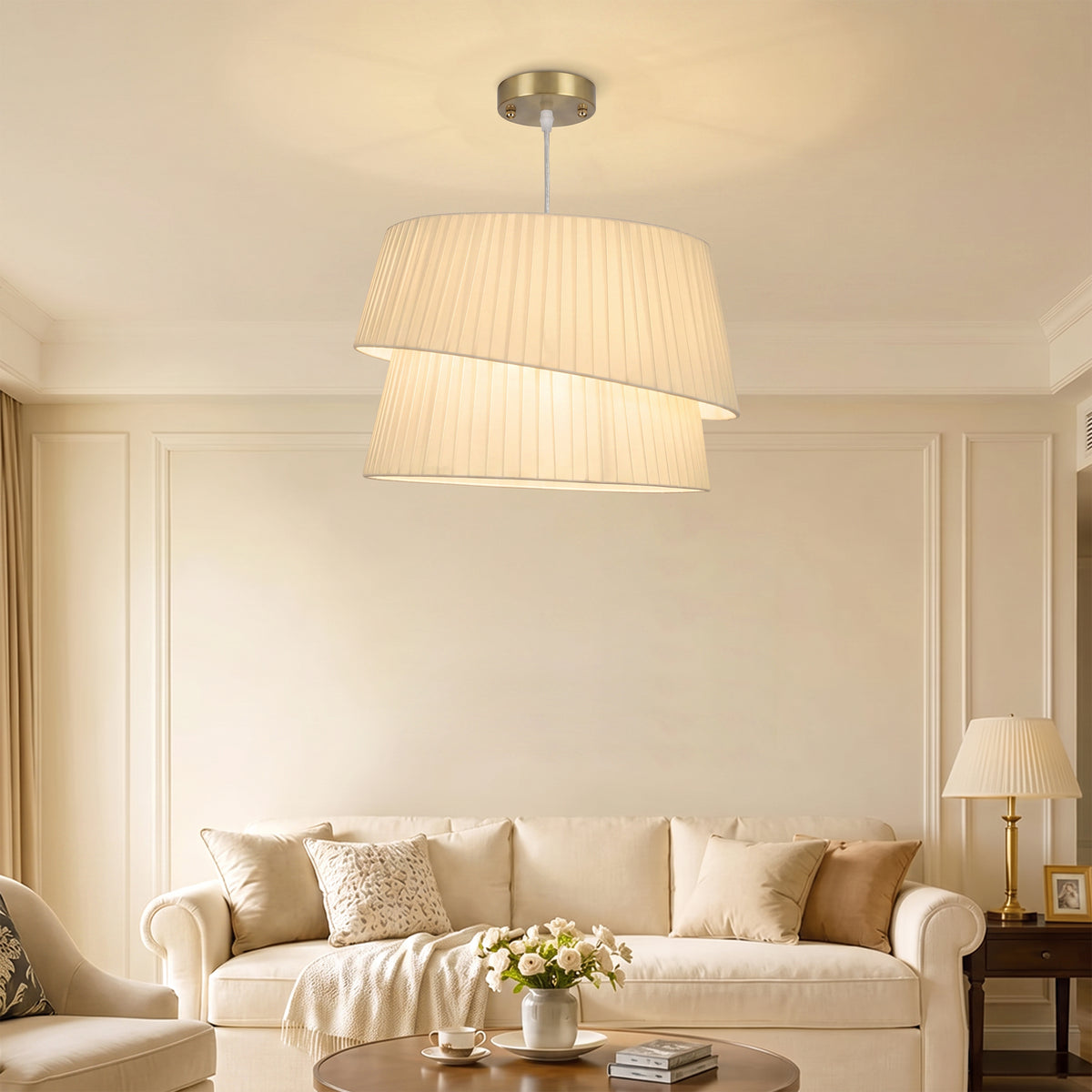 Suspension Luminaire Élégante à Double Abat-Jour, Rosace Dorée, Câble Réglable, Ampoule Non Incluse E14 40 W, Blanc